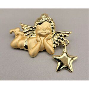 Angel with Hanging Star Brooch Polished and Matte Finish Christmas Pin AJC